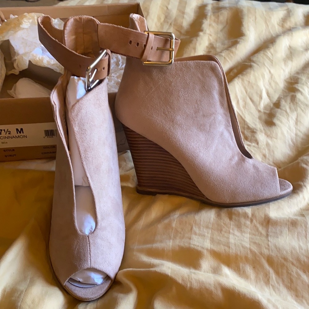 Tan suede wedge open toe bootie